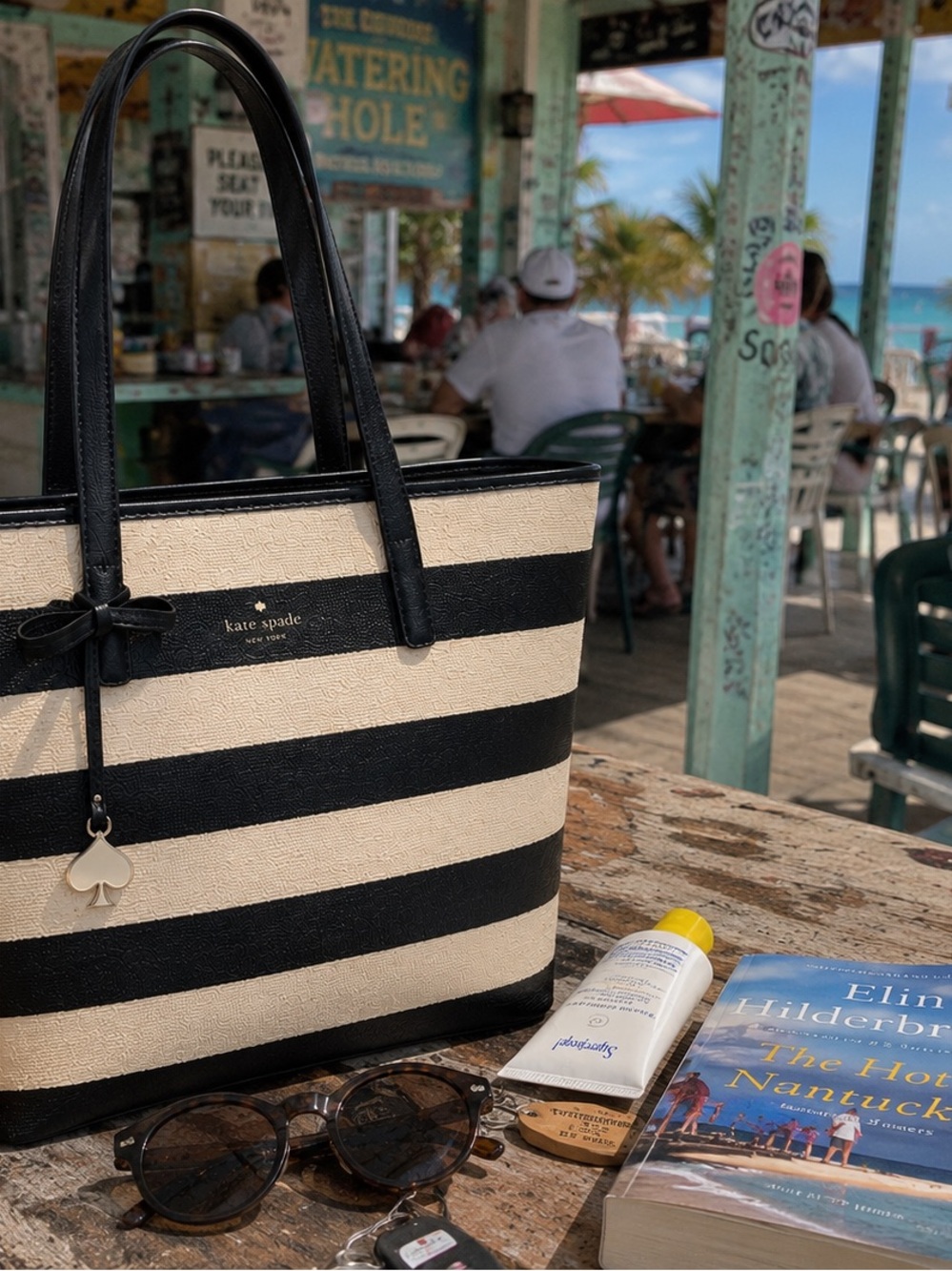 Kate Spade New York Black Cream Striped Tote Bag Bow Charm Large Shopper